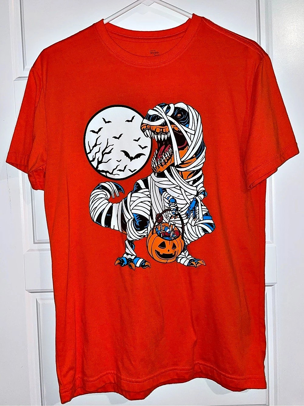 Halloween T-Rex Mummy with Pumpkin & bats Graphic Tee
Size Medium Like New